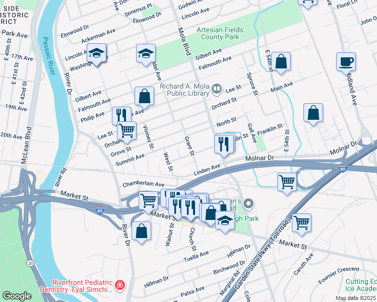 map of restaurants, bars, coffee shops, grocery stores, and more near 26 Grant Street in Elmwood Park