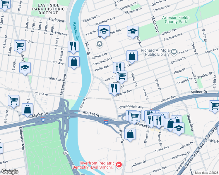 map of restaurants, bars, coffee shops, grocery stores, and more near 501 River Drive in Elmwood Park