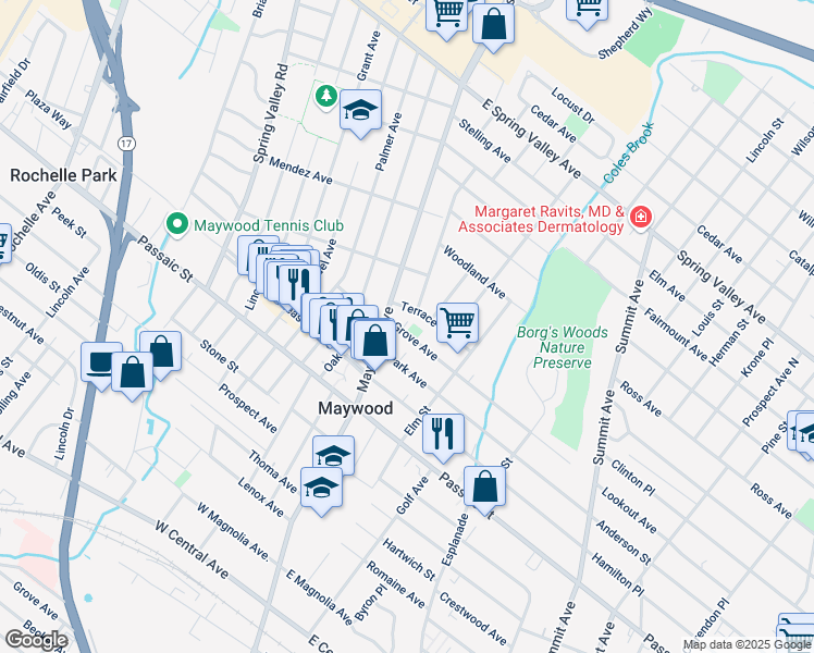 map of restaurants, bars, coffee shops, grocery stores, and more near 21 Grove Avenue in Maywood