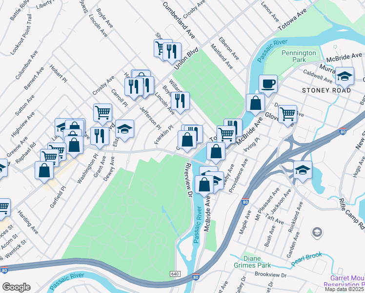 map of restaurants, bars, coffee shops, grocery stores, and more near 48 Charles Street in Totowa