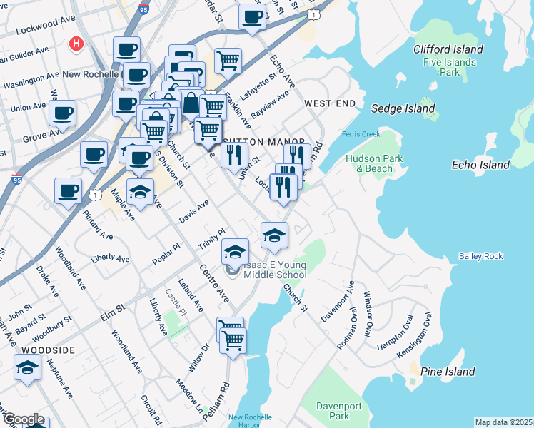 map of restaurants, bars, coffee shops, grocery stores, and more near 23 North Avenue in New Rochelle