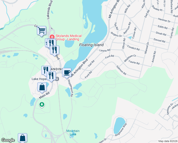map of restaurants, bars, coffee shops, grocery stores, and more near 8 Reed Road in Roxbury Township