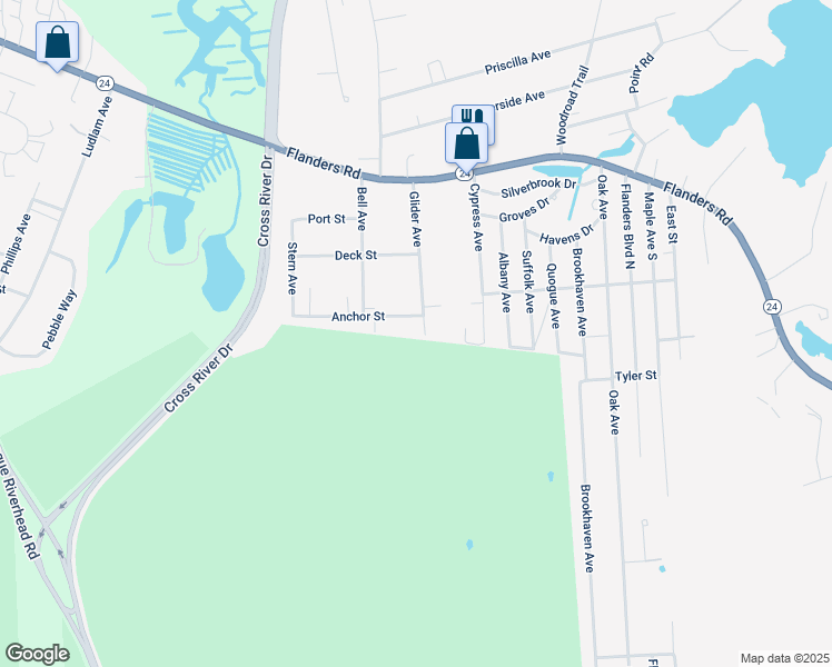 map of restaurants, bars, coffee shops, grocery stores, and more near 125 Glider Avenue in Riverhead