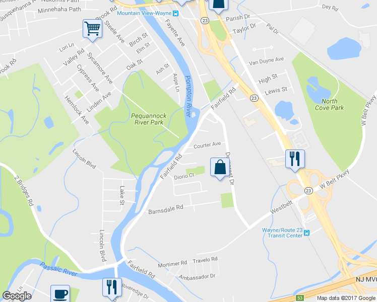 map of restaurants, bars, coffee shops, grocery stores, and more near 468 Fairfield Road in Wayne