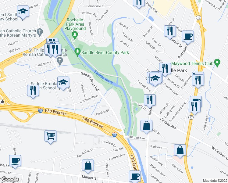 map of restaurants, bars, coffee shops, grocery stores, and more near 9 Kenwood Court in Saddle Brook