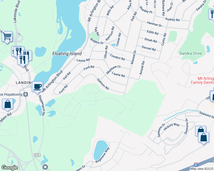 map of restaurants, bars, coffee shops, grocery stores, and more near 27 Salmon Rd in Roxbury Township