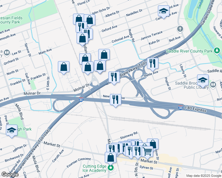 map of restaurants, bars, coffee shops, grocery stores, and more near 250 Pehle Avenue in Saddle Brook