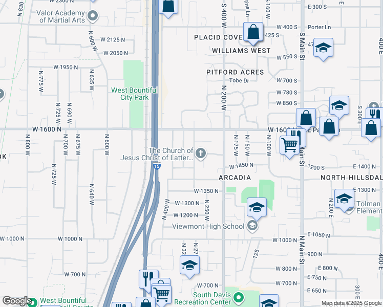 map of restaurants, bars, coffee shops, grocery stores, and more near 1503 North 300 West in Bountiful