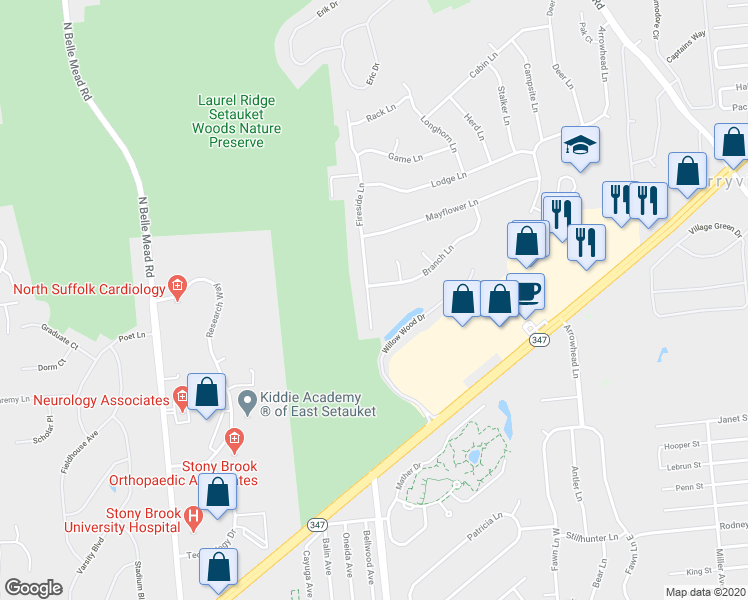 map of restaurants, bars, coffee shops, grocery stores, and more near 63 Fireside Lane in Setauket- East Setauket
