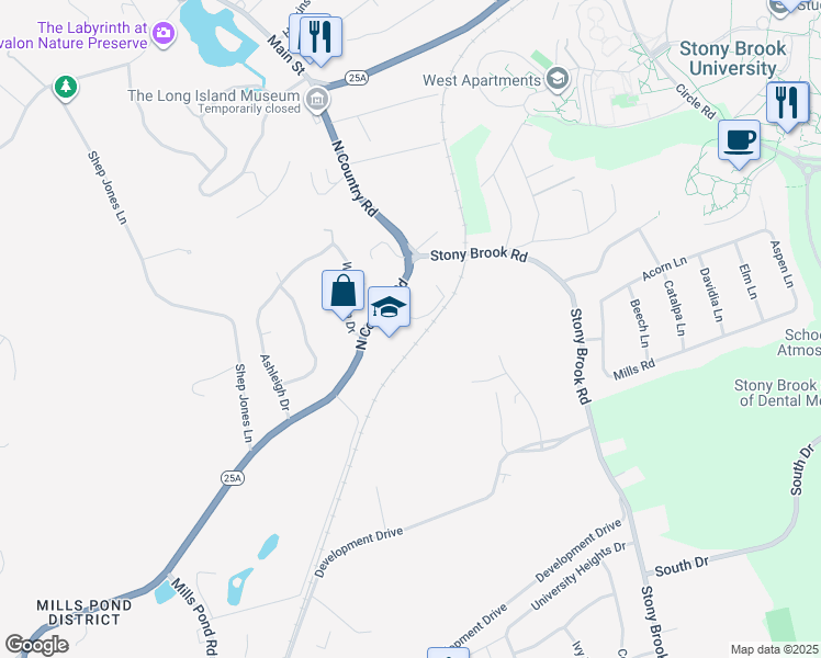 map of restaurants, bars, coffee shops, grocery stores, and more near 1266 North Country Road in Stony Brook
