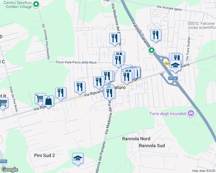 map of restaurants, bars, coffee shops, grocery stores, and more near 15 Primo Viale Parco della Noce in Varcaturo