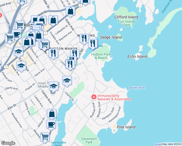 map of restaurants, bars, coffee shops, grocery stores, and more near 43 Davenport Avenue in New Rochelle