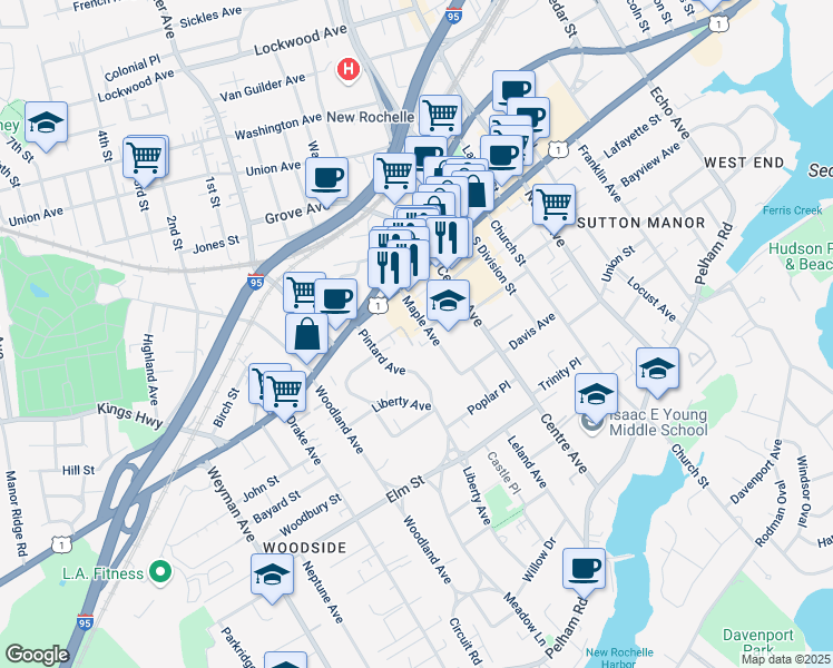 map of restaurants, bars, coffee shops, grocery stores, and more near 34 Marvin Place in New Rochelle