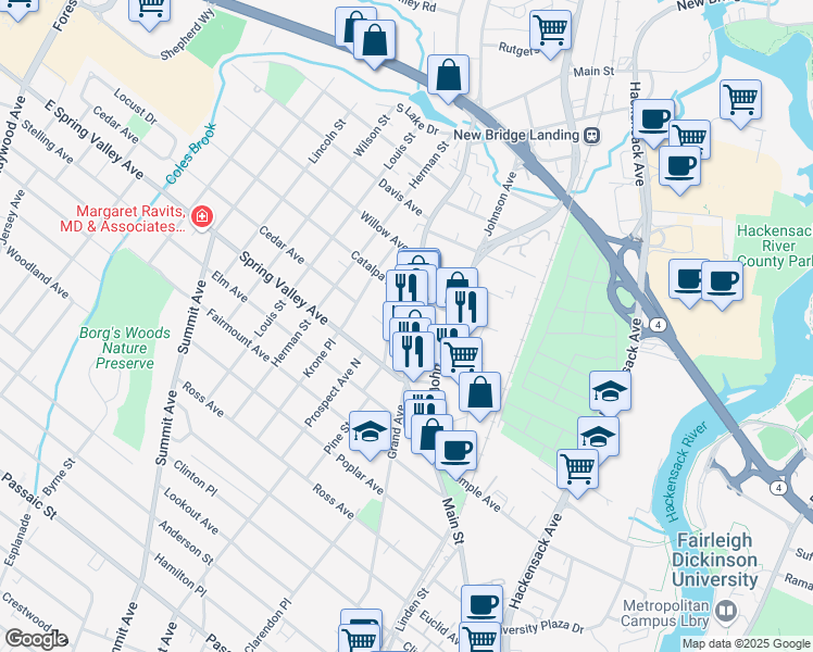 map of restaurants, bars, coffee shops, grocery stores, and more near 150 Pine Street in Hackensack