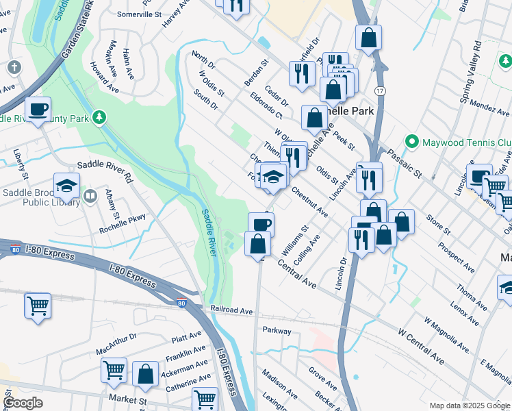 map of restaurants, bars, coffee shops, grocery stores, and more near 23 Terrace Avenue in Rochelle Park