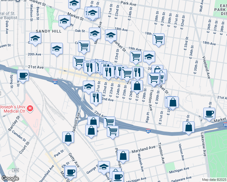 map of restaurants, bars, coffee shops, grocery stores, and more near 1041 East 23rd Street in Paterson