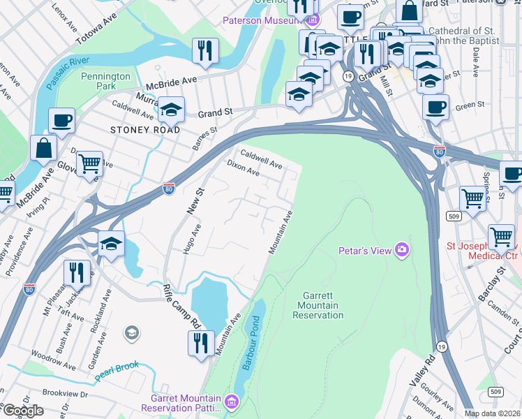 map of restaurants, bars, coffee shops, grocery stores, and more near 132 Quartz Lane in Paterson