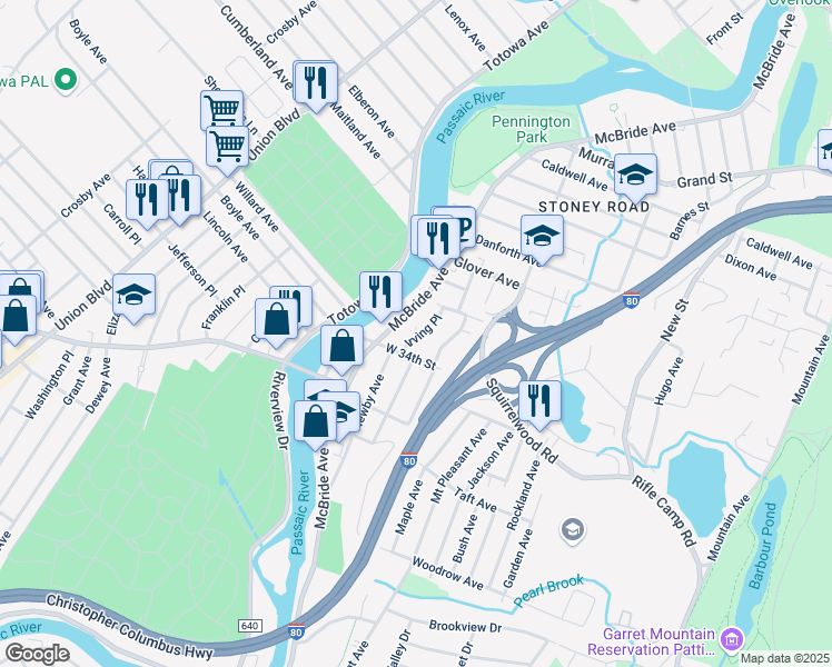 map of restaurants, bars, coffee shops, grocery stores, and more near 33 Irving Place in Woodland Park