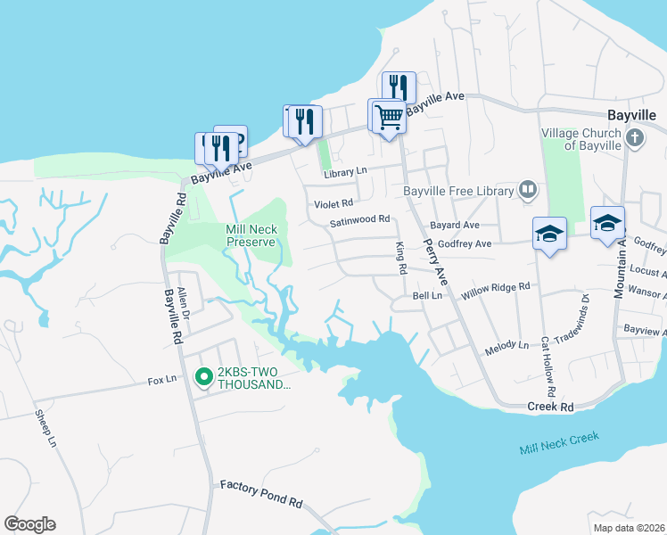 map of restaurants, bars, coffee shops, grocery stores, and more near 14 Summitview Drive in Bayville