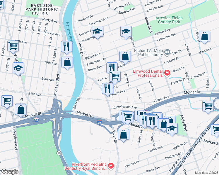 map of restaurants, bars, coffee shops, grocery stores, and more near 24 Grove Street in Elmwood Park