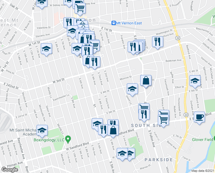map of restaurants, bars, coffee shops, grocery stores, and more near 260 South 2nd Avenue in Mount Vernon