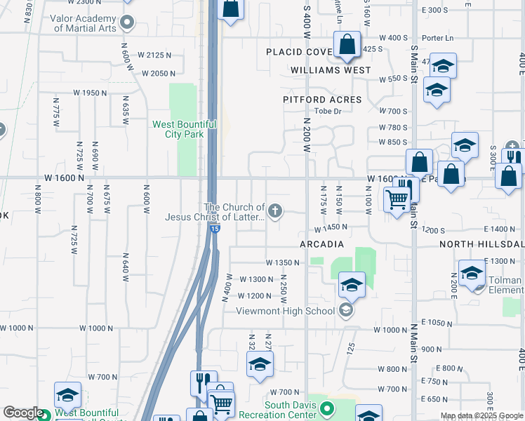 map of restaurants, bars, coffee shops, grocery stores, and more near 1503 North 300 West in Bountiful