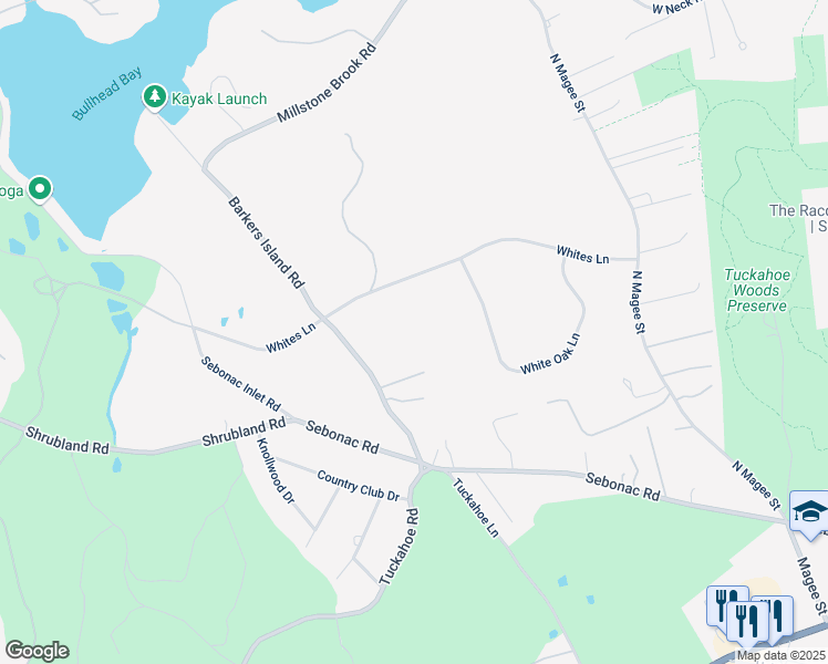 map of restaurants, bars, coffee shops, grocery stores, and more near 56 Barkers Island Road in Southampton