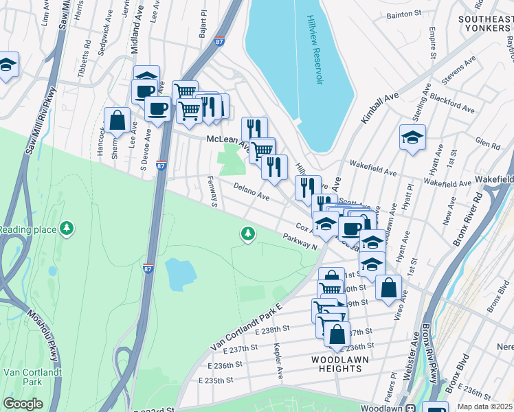 map of restaurants, bars, coffee shops, grocery stores, and more near 18 Aqueduct Avenue in Yonkers