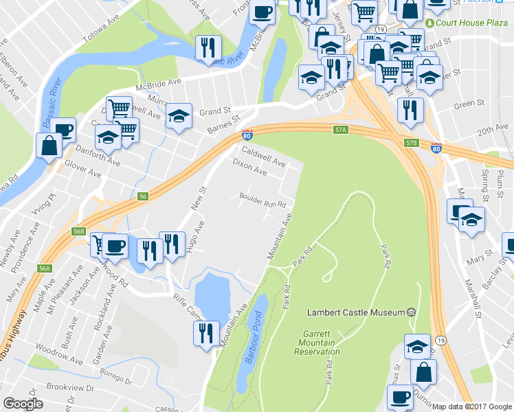 map of restaurants, bars, coffee shops, grocery stores, and more near 132 Quartz Lane in Paterson