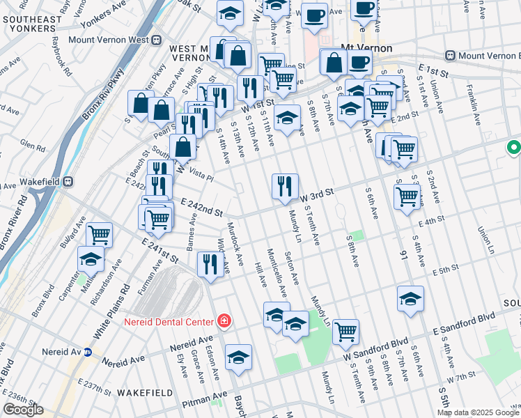 map of restaurants, bars, coffee shops, grocery stores, and more near 212 West 3rd Street in Mount Vernon