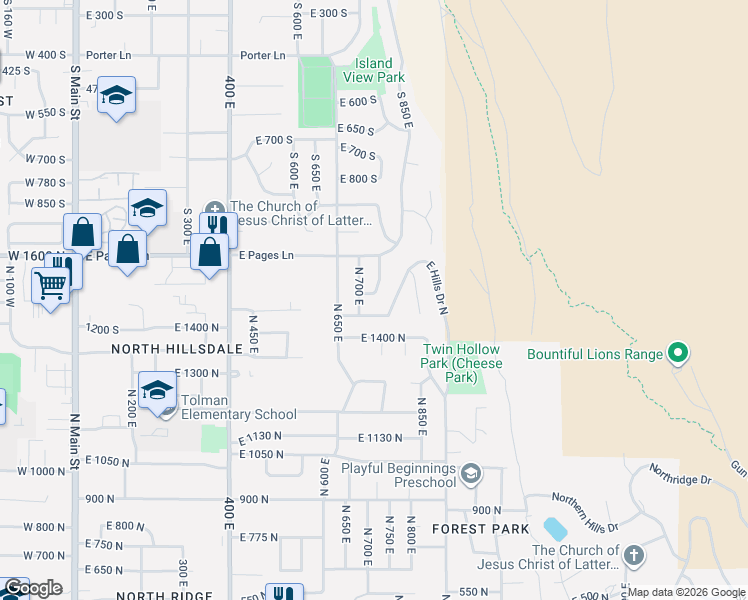 map of restaurants, bars, coffee shops, grocery stores, and more near 720 East 1500 North in Bountiful