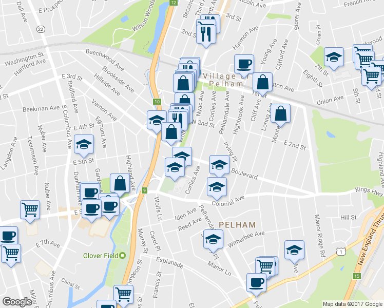 map of restaurants, bars, coffee shops, grocery stores, and more near 23 Boulevard in Village of Pelham