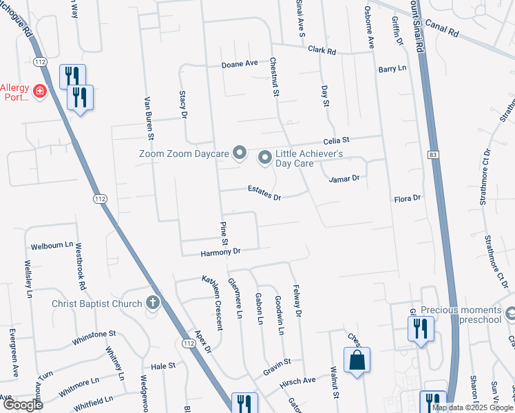 map of restaurants, bars, coffee shops, grocery stores, and more near 9 Andrew Street in Port Jefferson Station