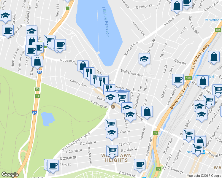 map of restaurants, bars, coffee shops, grocery stores, and more near 47 Kimball Avenue in Yonkers