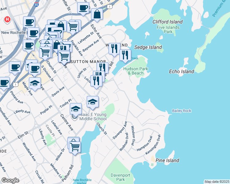 map of restaurants, bars, coffee shops, grocery stores, and more near 29 Davenport Avenue in New Rochelle