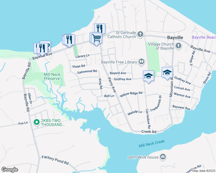 map of restaurants, bars, coffee shops, grocery stores, and more near 15 Tildean Lane in Bayville