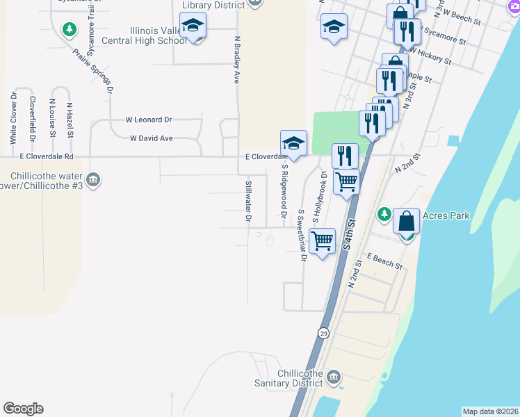 map of restaurants, bars, coffee shops, grocery stores, and more near 311 Sandyshores Drive in Chillicothe