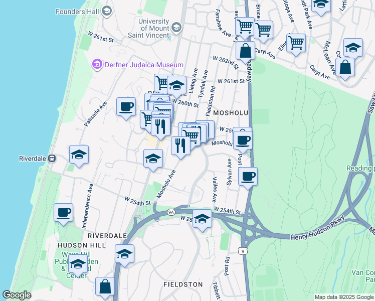 map of restaurants, bars, coffee shops, grocery stores, and more near 5643 Mosholu Avenue in Bronx