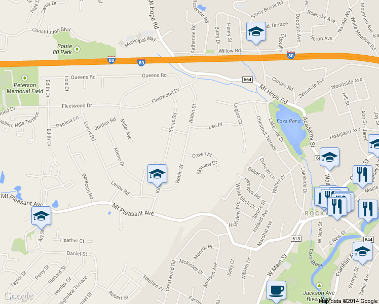 map of restaurants, bars, coffee shops, grocery stores, and more near 2 Crown Place in Rockaway