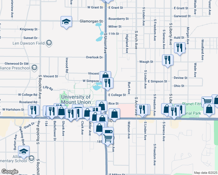 map of restaurants, bars, coffee shops, grocery stores, and more near 1656 South Union Avenue in Alliance