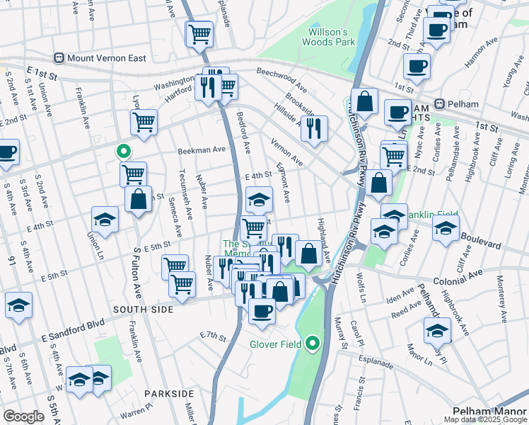 map of restaurants, bars, coffee shops, grocery stores, and more near 357 Bedford Avenue in Mount Vernon