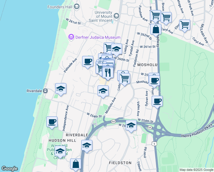 map of restaurants, bars, coffee shops, grocery stores, and more near 5601 Riverdale Avenue in Bronx