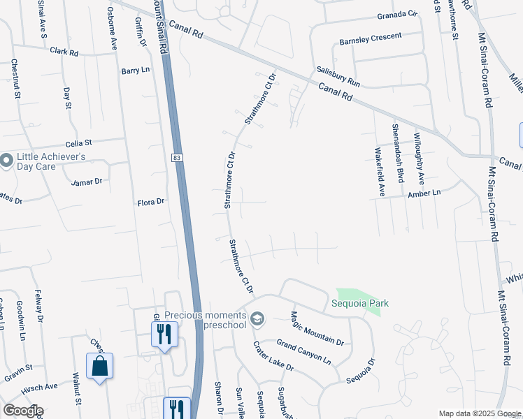 map of restaurants, bars, coffee shops, grocery stores, and more near 25 Hampton Court in Coram
