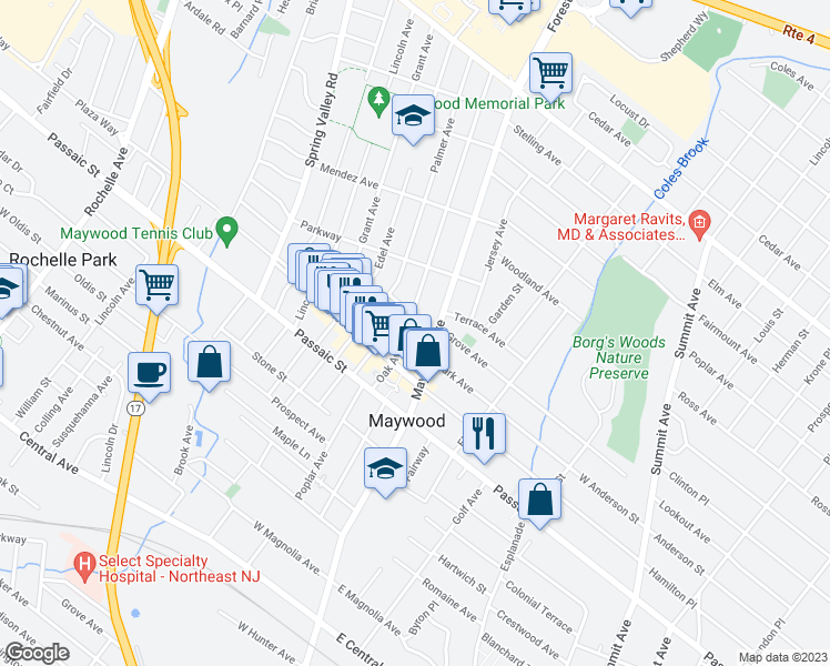 map of restaurants, bars, coffee shops, grocery stores, and more near 621 Maywood Avenue in Maywood