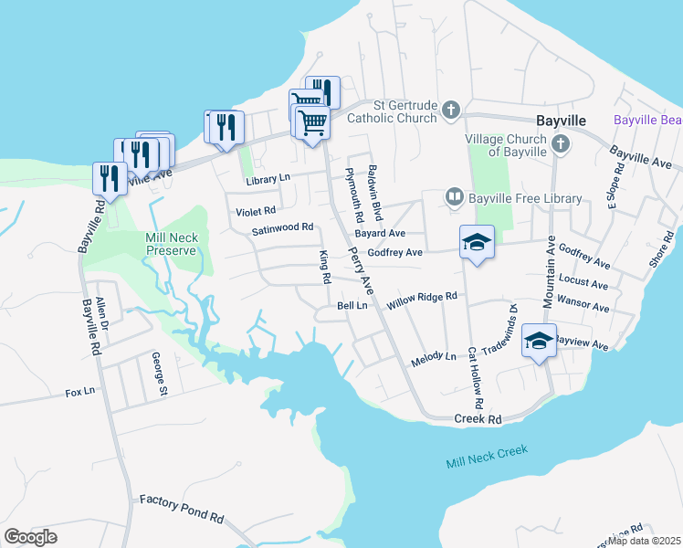 map of restaurants, bars, coffee shops, grocery stores, and more near 15 Tildean Lane in Bayville