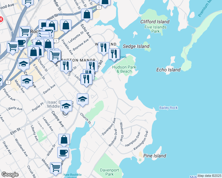 map of restaurants, bars, coffee shops, grocery stores, and more near 43 Davenport Avenue in New Rochelle