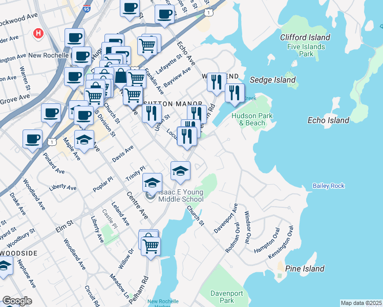 map of restaurants, bars, coffee shops, grocery stores, and more near 123 65 in New Rochelle