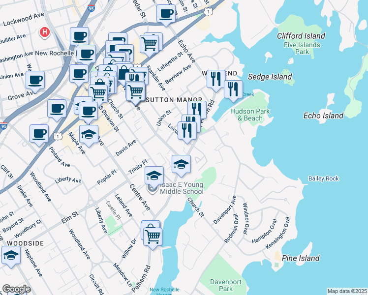 map of restaurants, bars, coffee shops, grocery stores, and more near 123 65 in New Rochelle