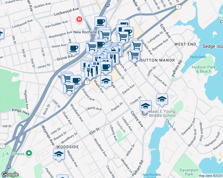 map of restaurants, bars, coffee shops, grocery stores, and more near 167 Centre Avenue in New Rochelle