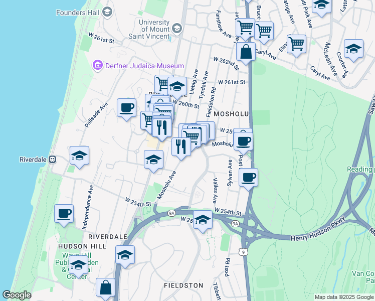 map of restaurants, bars, coffee shops, grocery stores, and more near 5641 Mosholu Avenue in Bronx